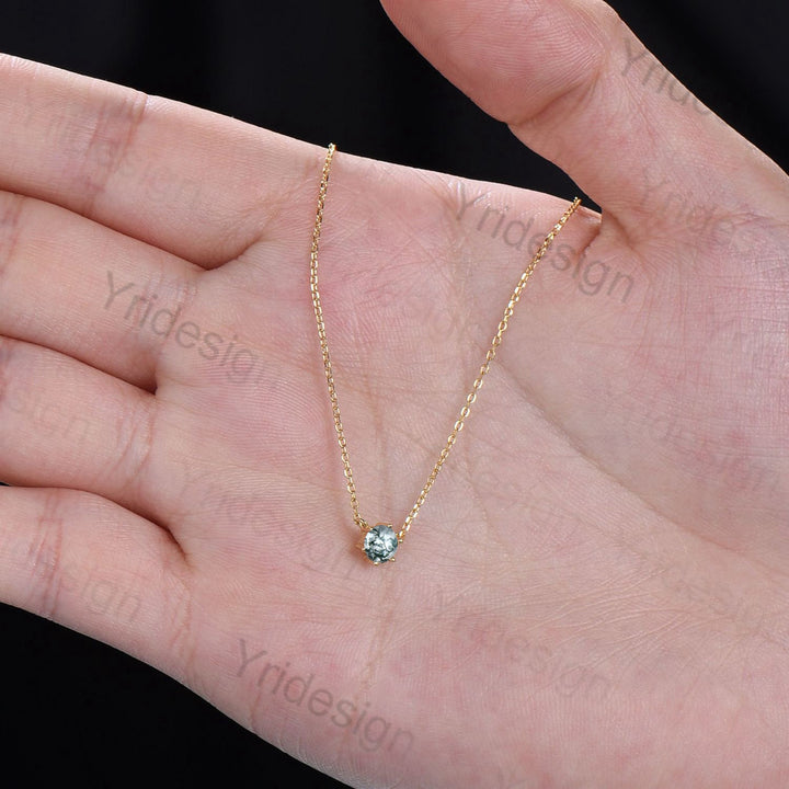 Dainty 5mm round moss agate pendant necklace 16ch solid rose gold green agate necklace Minimalist silver pendant handmade engagement Gift - PENFINE