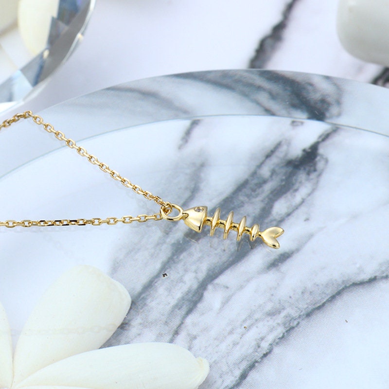 Dainty Fishbone Necklace Unique Fish Pendant 9K/14K/18K Yellow Gold Fish Necklace Fish Bone Necklace Vintage Fish Charm Christian Necklace - PENFINE