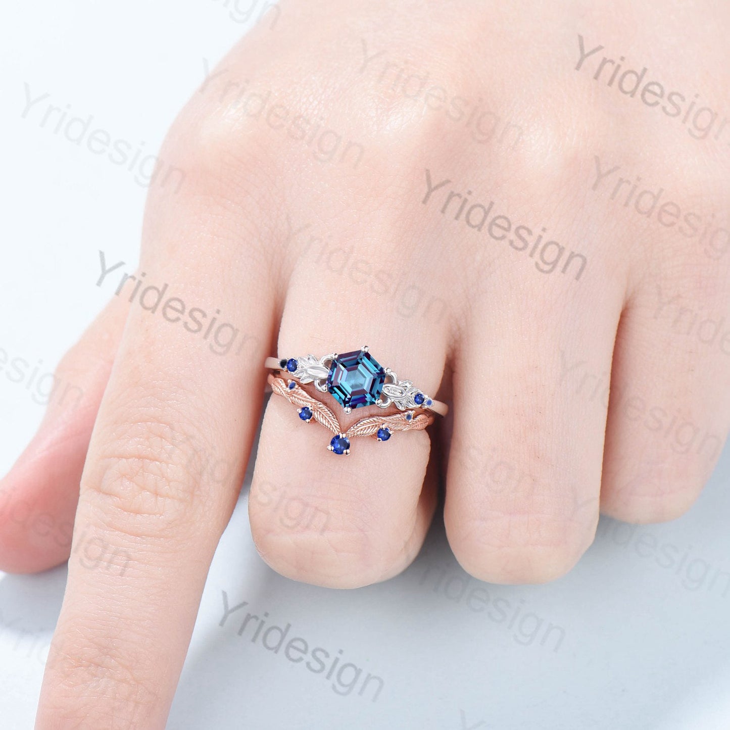 Nature Inspired Blue Sapphire Ring Vintage Unique Lab Sapphire Engagement Ring Art Deco Floral Flower Moissanite Wedding Set For Women - PENFINE