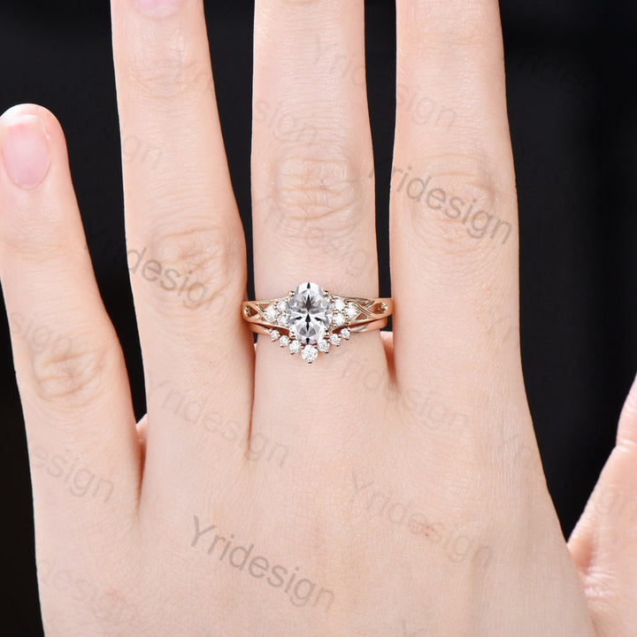 1.5CT Oval Lab Grown Diamond Engagement Ring Set IGI Certificate Vintage Cluster Diamond Wedding Ring Set Lab Grown 18K Rose Gold Ring Set - PENFINE