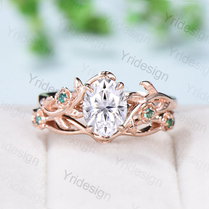 Vintage Floral moissanite emerald wedding ring set Nature Inspired flower engagement ring set unique twig leaf branch bridal ring set women - PENFINE
