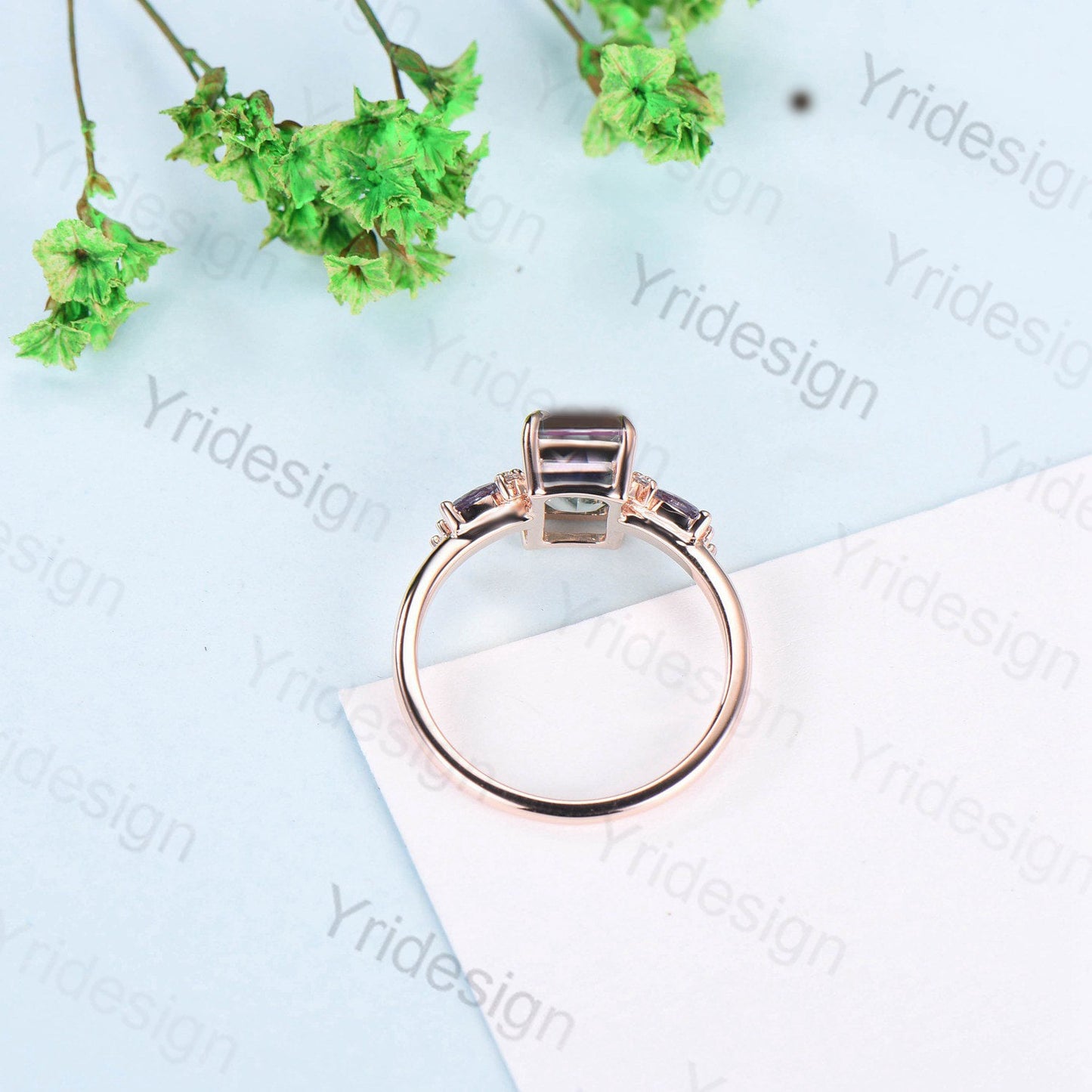Unique Emerald Cut Morganite Engagement Ring Rose Gold Cluster Alexandrite Opal Wedding Ring For Women Vintage Handmade Proposal Gifts Women - PENFINE
