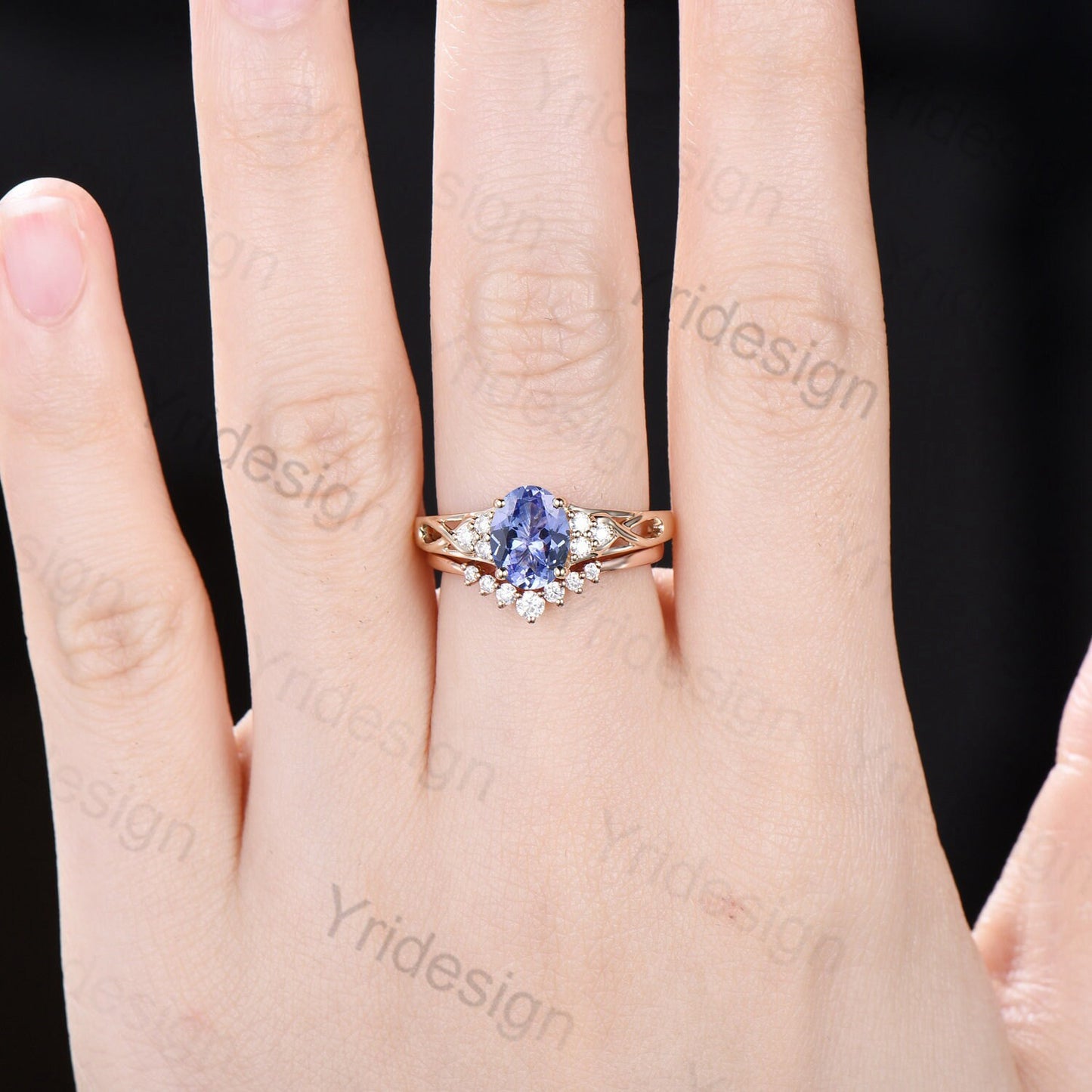 Celtic Love Tanzanite Engagement Ring Set 18K Yellow Gold Vintage Natural Tanzanite Cluster Diamond Art Deco Wedding Ring Set For Women - PENFINE