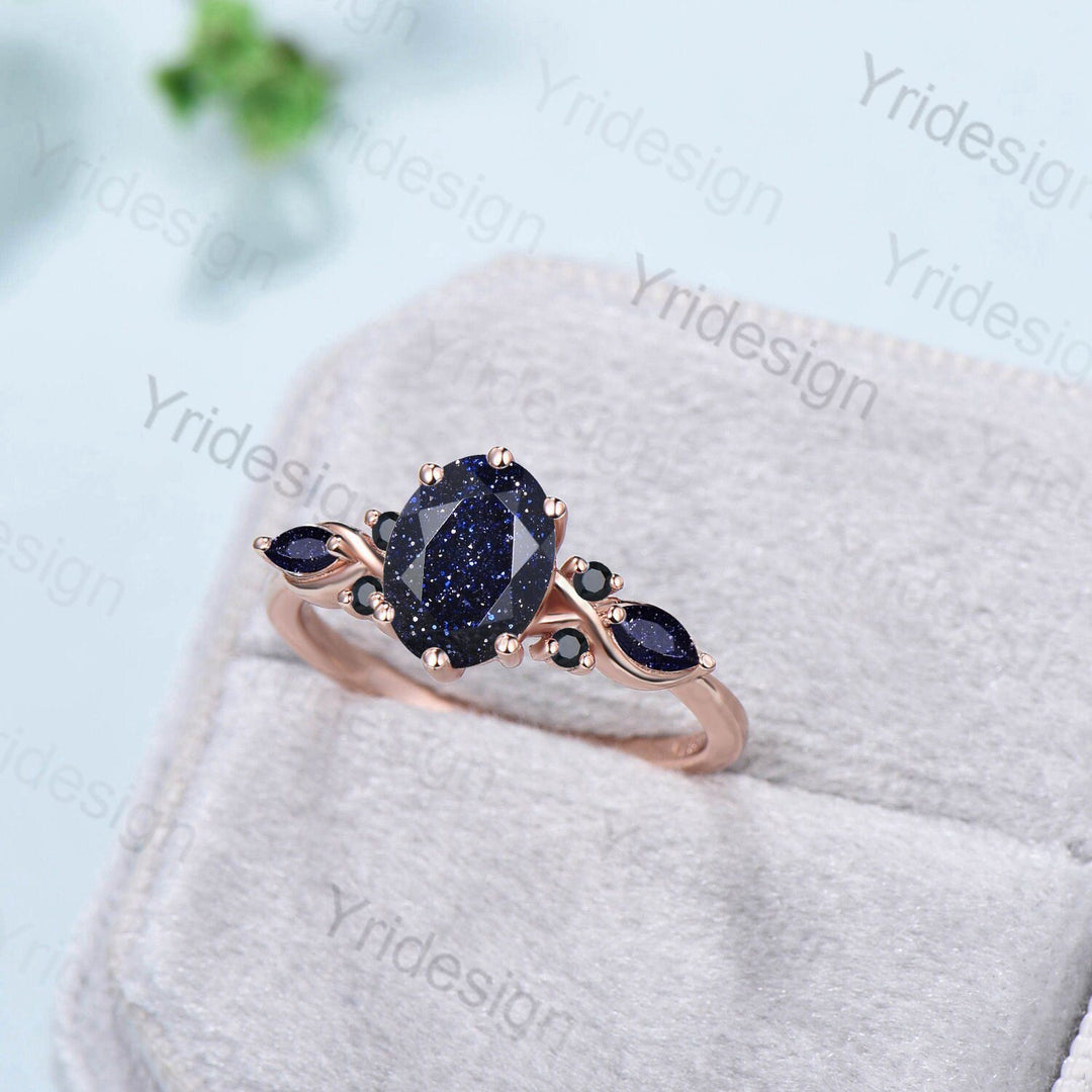 Vintage blue sandstone engagement ring rose gold twisted unique 1.5CT black crystal oval wedding ring art deco anniversary ring for women - PENFINE