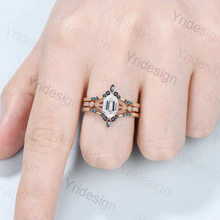 Vintage 5X9mm long hexagon moissanite engagement ring set unique alexandrite wedding ring set double curved v stacking black spinel band - PENFINE