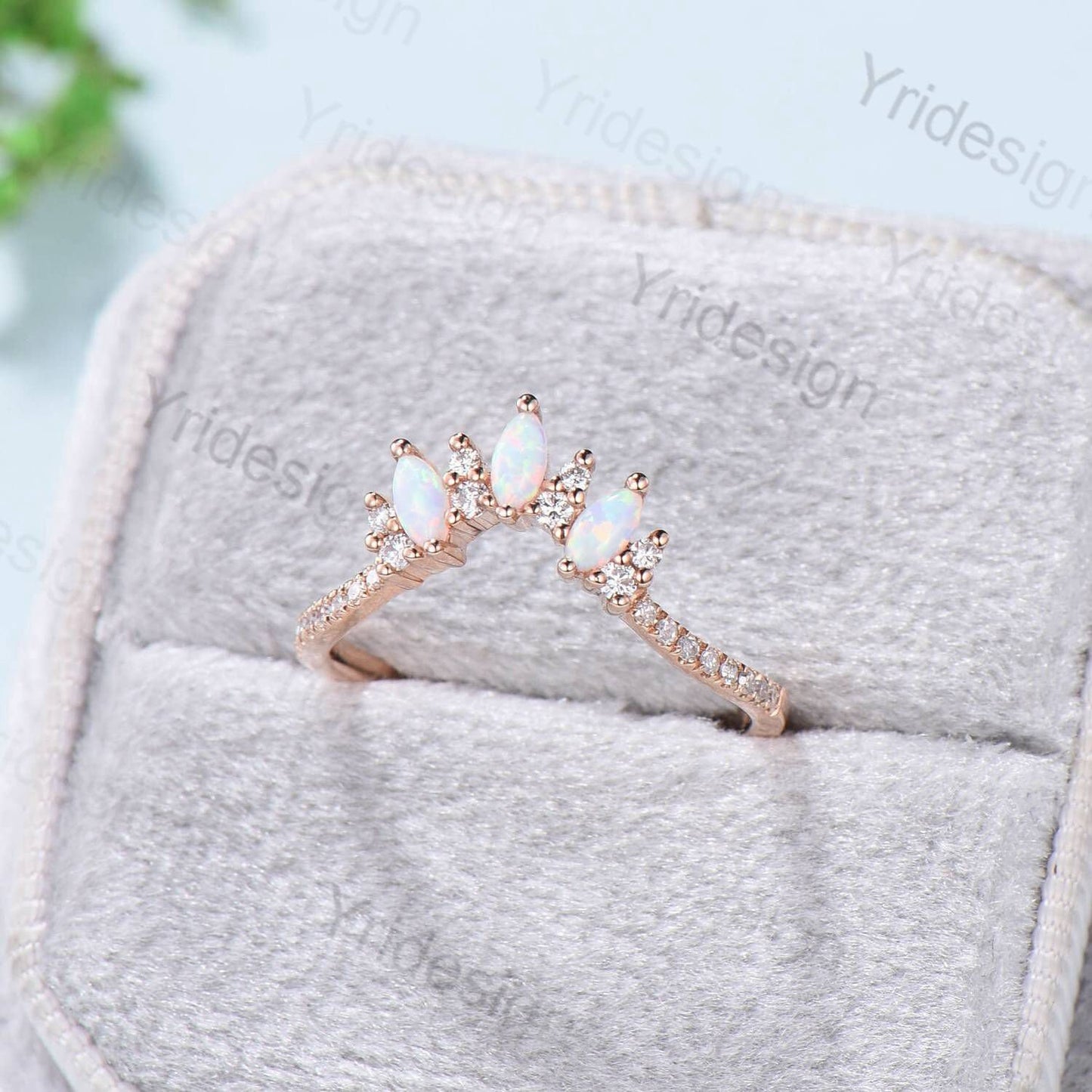 Opal Wedding Band Women Rose Gold Vintage Marquise White Opal Wedding Ring Unique Curved V Matching Band Stacking Bridal Promise gift - PENFINE