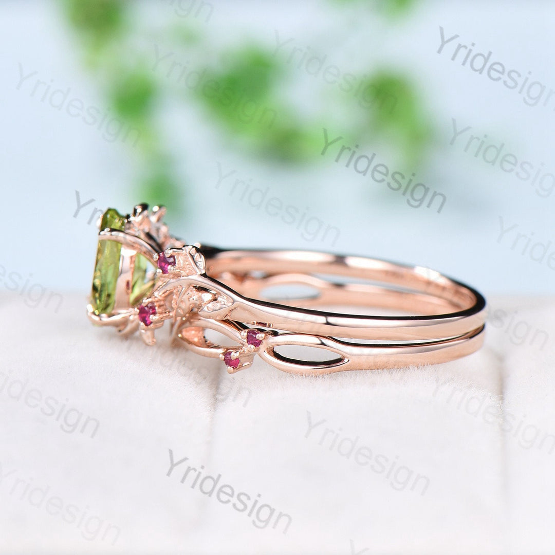 Vintage peridot and ruby wedding ring set Leaf twig engagement ring set Natural Inspired rose gold bridal set for women Branch promise ring - PENFINE