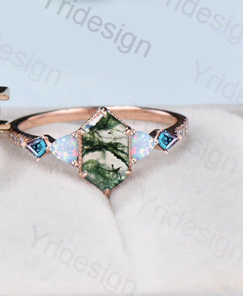 5X9mm long hexagon moss agate engagement ring set vintage triangle fire opal kite alexandrite wedding ring set double curved v emerald band - PENFINE