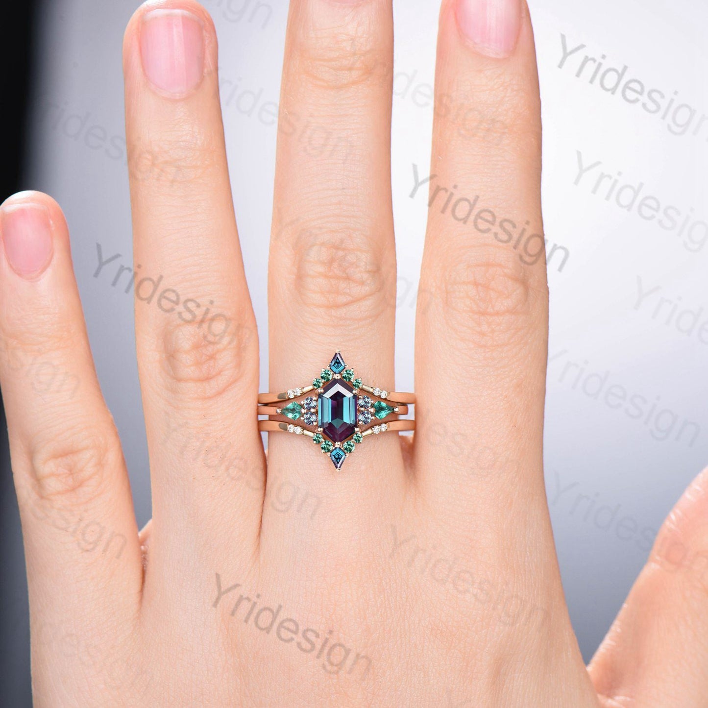 Vintage 5X9mm long hexagon alexandrite engagement ring set kite alexandrite emerald green stone wedding set double curved v stacking band - PENFINE