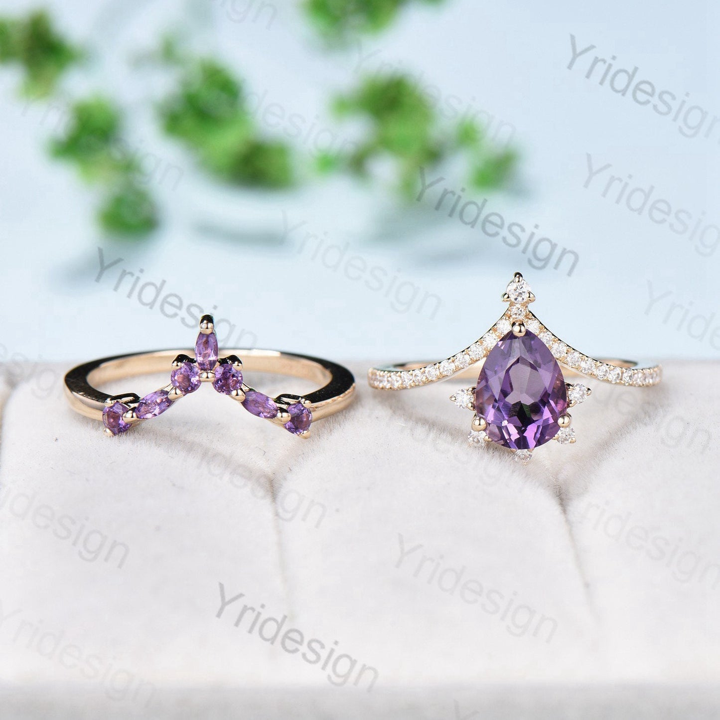 Vintage Pear Amethyst Engagement Ring 14K Yellow Gold Purple Crystal February Birthstone Wedding Ring Set For Women art deco bridal ring set - PENFINE