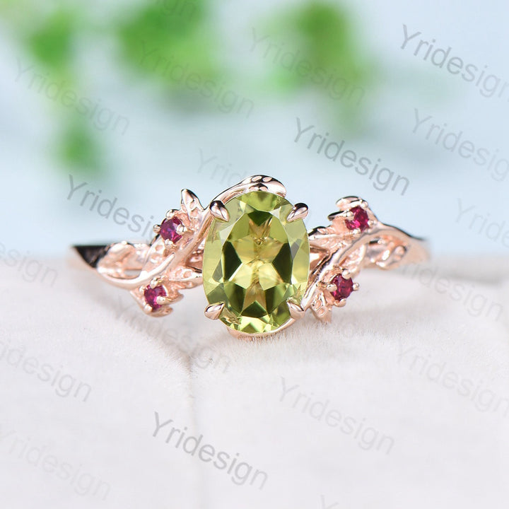 Vintage peridot and ruby wedding ring set Leaf twig engagement ring set Natural Inspired rose gold bridal set for women Branch promise ring - PENFINE