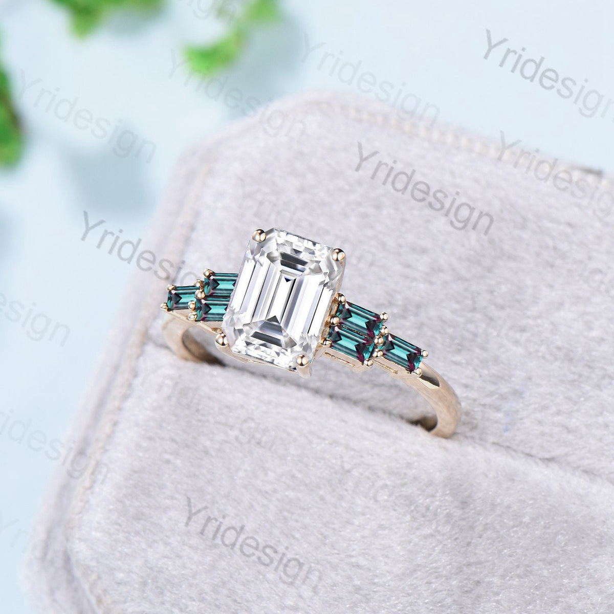 Vintage 2TCW Emerald Cut Moissanite Engagement Ring Cluster Baguette Rose Gold Alexandrite Wedding Ring Antique Anniversary Gift For Women - PENFINE