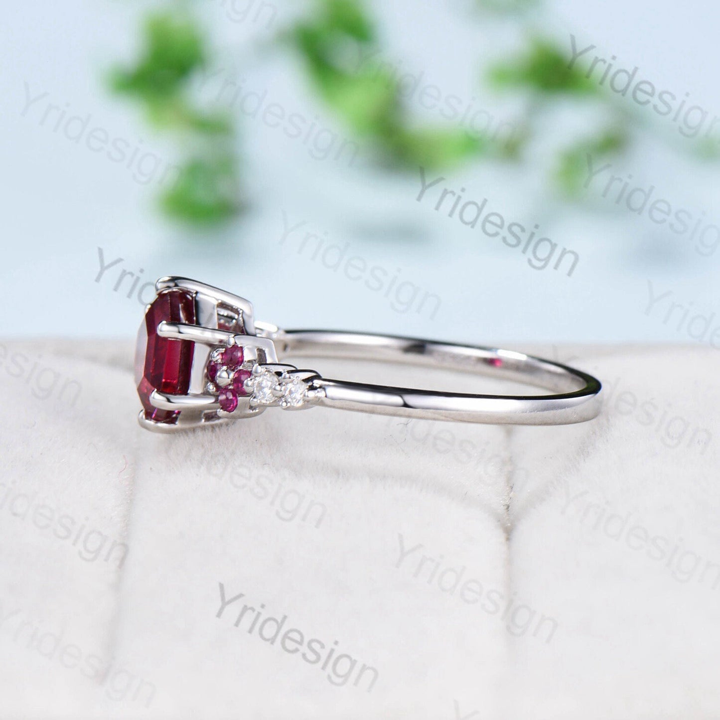 Vintage Hexagon Ruby Engagement Ring Set Silver Rose Gold Leaf Flower Cluster Red Ruby Wedding Ring Set Art Deco Bridal Ring Set For Women - PENFINE