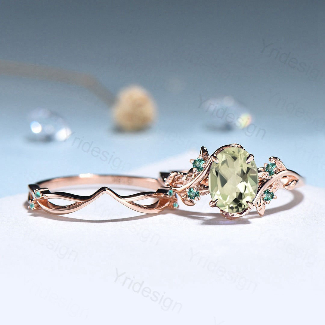 Nature Inspired green amethyst ring set cluster emerald green crystal engagement ring vintage unique February Leaf wedding ring set women - PENFINE