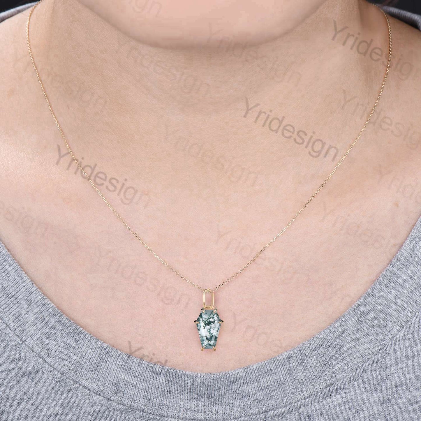 Coffin natural moss agate necklace solid 14k 18k rose gold vintage unique Personalized pendant anniversary bridal gift for women - PENFINE