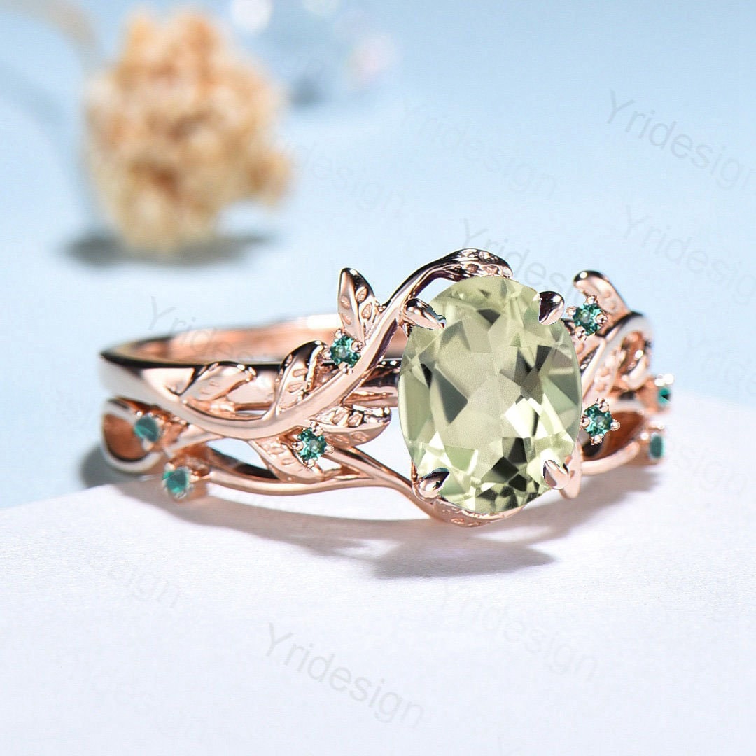 Nature Inspired green amethyst ring set cluster emerald green crystal engagement ring vintage unique February Leaf wedding ring set women - PENFINE
