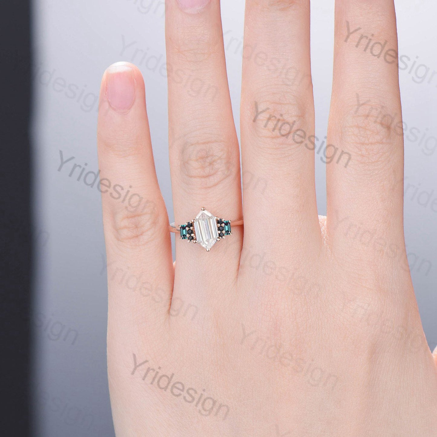 Vintage Long Hexagon Moissanite Engagement Ring Black Onyx Baguette Alexandrite Cluster Wedding Ring Unique Promise Ring Bridal Gift - PENFINE