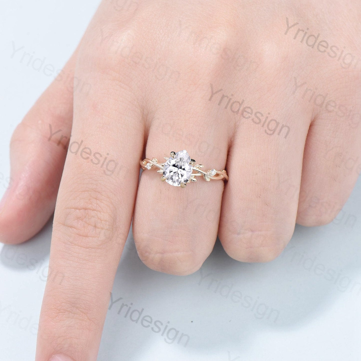 Pear Shaped Moissanite ring Leaf Branch Moissanite Engagement Ring 14K Yellow Gold Nature Inspired Wedding Ring Unique Twig Promise Ring - PENFINE