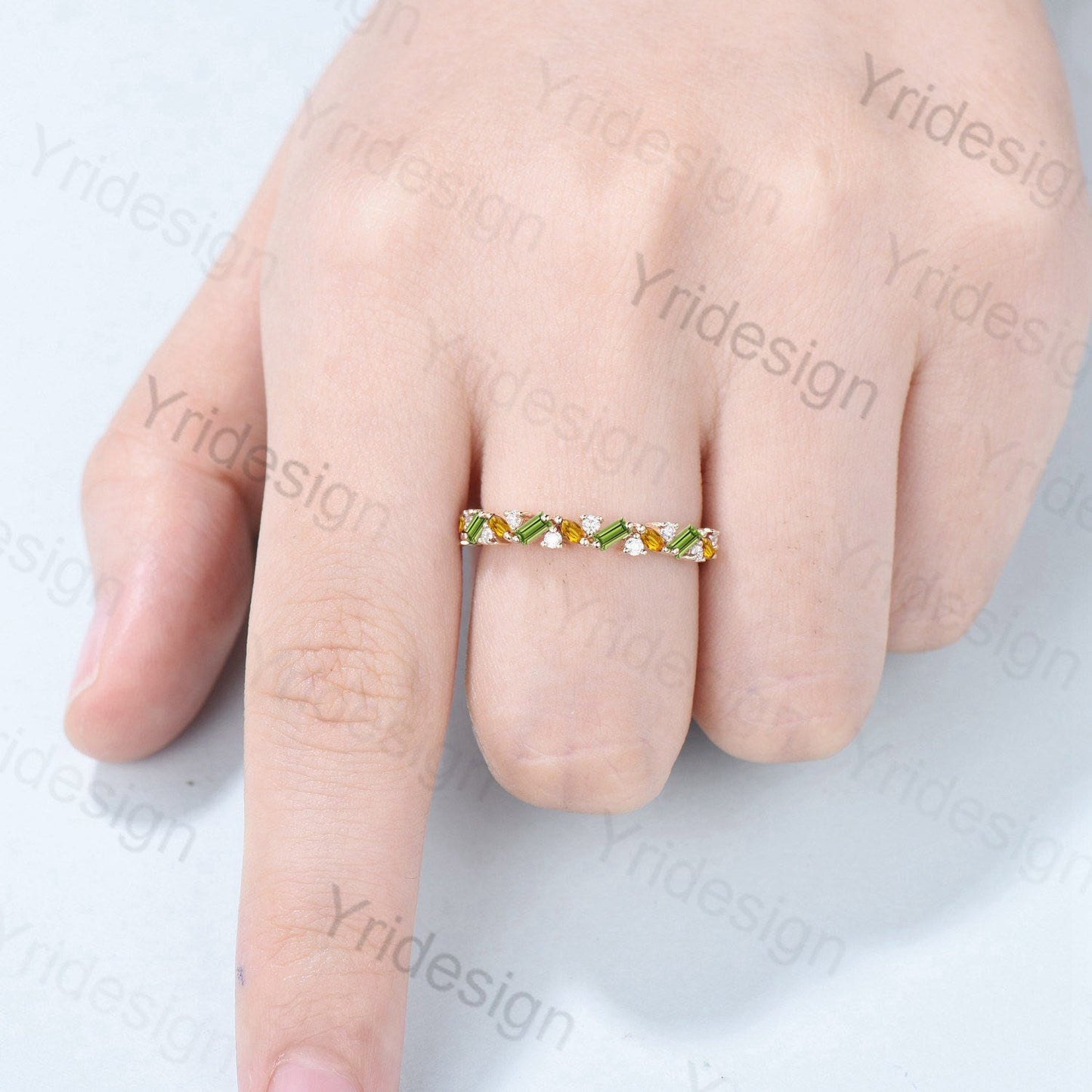 Vintage Peridot Citrine Eternity Wedding Band Women Unique Baguette Peridot Stackable Ring Unique Art Deco Matching Band Anniversary Gift - PENFINE