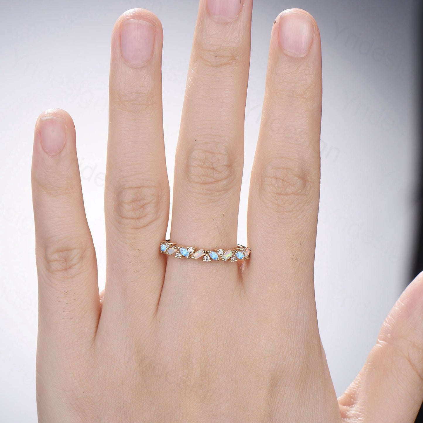Vintage Opal Moonstone Eternity Wedding Band Women Unique Baguette White Opal Stackable Ring Art Deco Matching Band Anniversary Gift - PENFINE