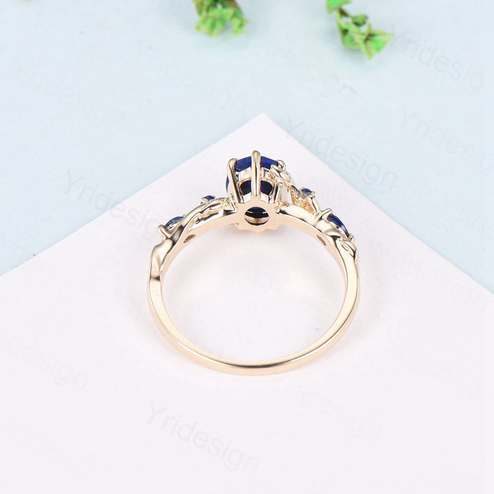 Nature Inspired Natural Lapis Lazuli Ring Vintage 1.5ct Oval Lapis Lazuli Engagement Ring Leaf Blue Sapphire Dainty Wedding Ring For Women - PENFINE