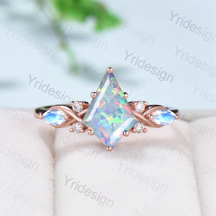 Vintage opal ring set 7x10mm kite white opal engagement ring marquise Moonstone wedding ring set unique alexandrite moissanite bridal set - PENFINE