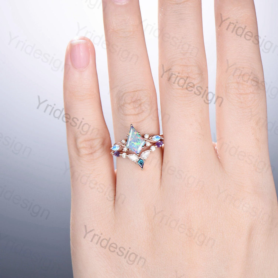 Vintage opal ring set 7x10mm kite white opal engagement ring marquise Moonstone wedding ring set unique alexandrite moissanite bridal set - PENFINE