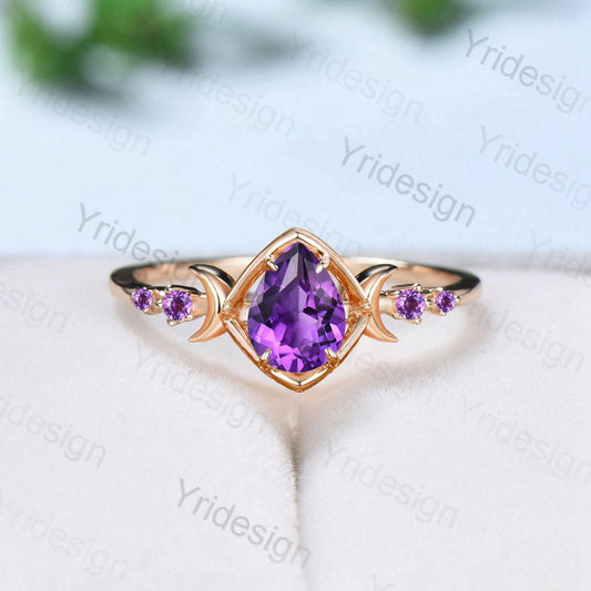 Vintage Pear Shaped Amethyst Engagement Ring Delicate Moon Magic Wedding Ring for Women Skeleton Unique Handmade Proposal Gifts for Women - PENFINE