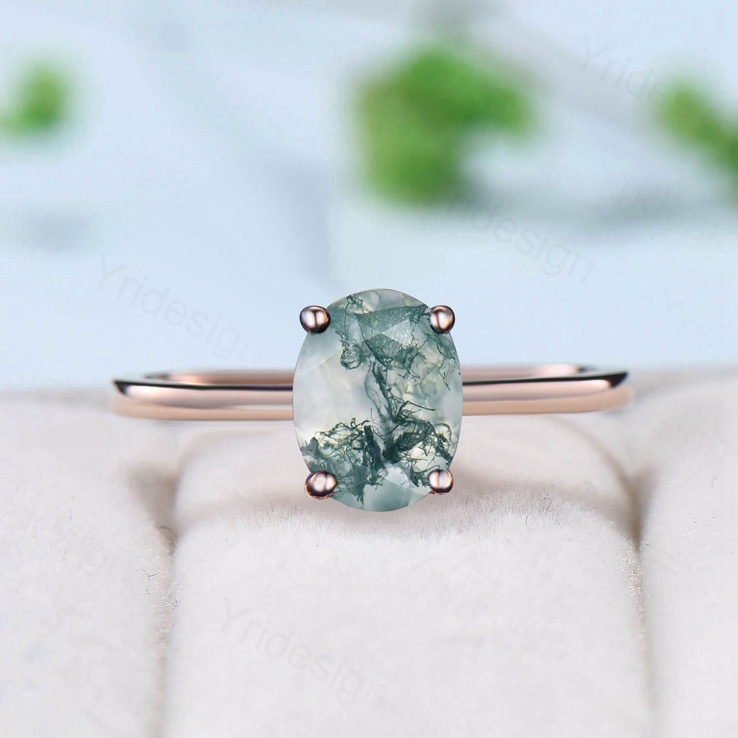 1.5CT Oval moss agate wedding set solitaire moss agate engagement ring minimalist green agate pendant necklace rose gold agate earrings - PENFINE