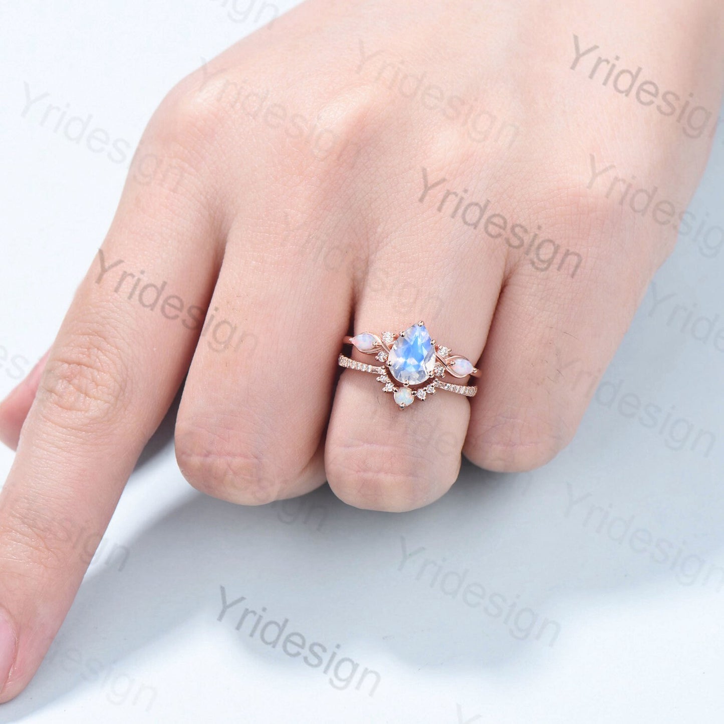 1.25CT Pear shaped moonstone engagement ring set Vintage opal Moissanite bridal set Rainbow Blue Moonstone Unique Promise gift for her - PENFINE