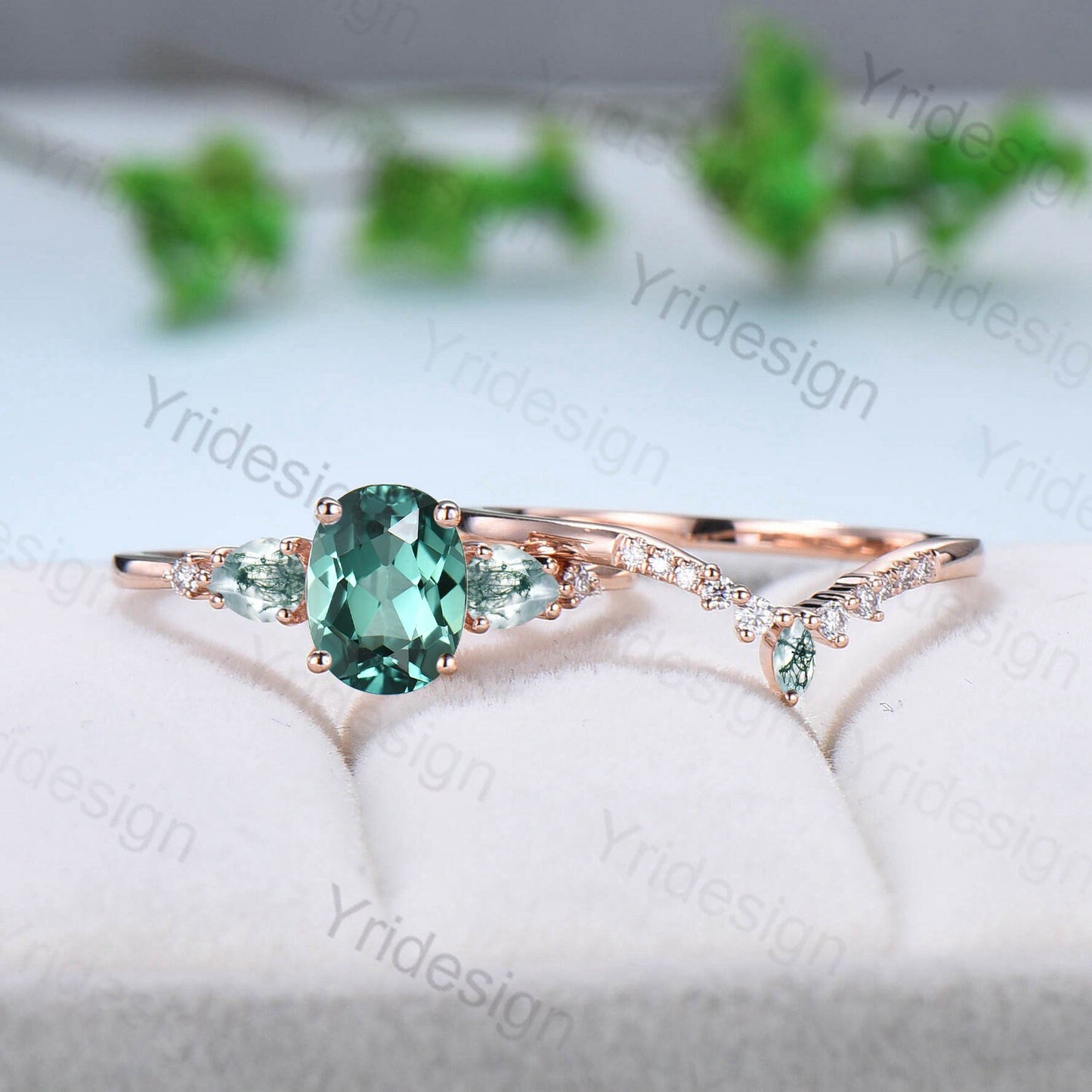 Unique 1.5Ct Oval Green Sapphire Engagement Ring Set Five Stone Pear Moss Agate Wedding Set for Women Vintage Teal Sapphire Bridal Ring Set - PENFINE