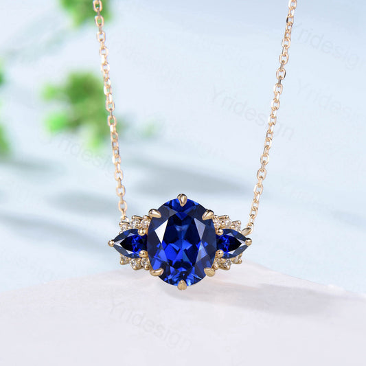8x10mm Oval Sapphire Pendant Necklace Vintage Unique Pear Blue Sapphire Pendant Necklace Rose Gold Retro Christmas Promise Gift for Women - PENFINE