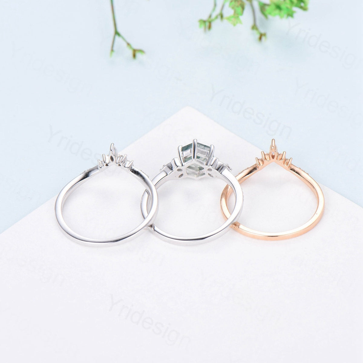 Vintage Rose Quartz Ring Set 3pcs Unique Hexagon Pink Crystal Engagement Ring White Gold Milgrain Celtic Diamond Bridal Ring Set For Women - PENFINE