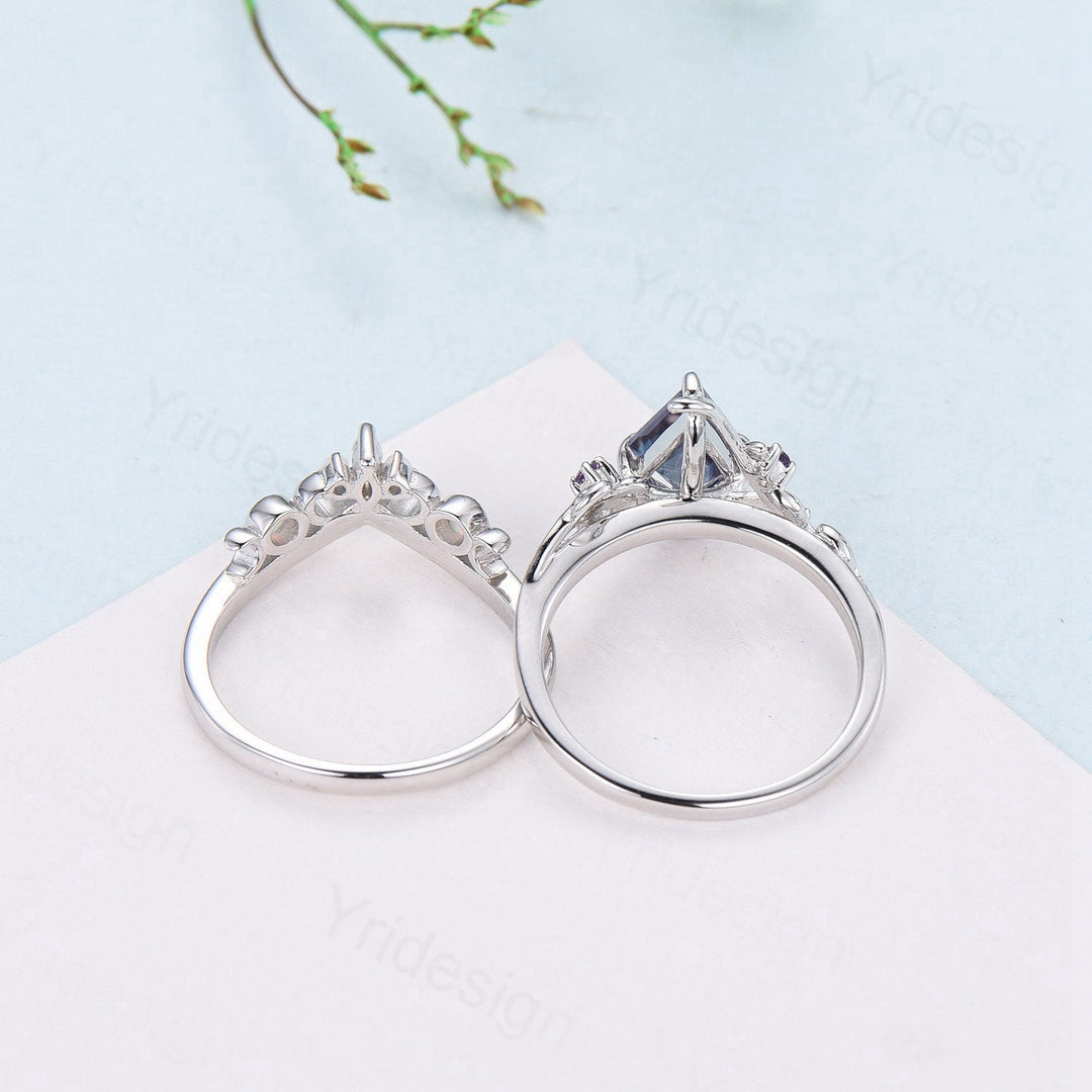 Nature Inspired kite alexandrite engagement ring set twig cluster amethyst wedding ring set Vintage marquise moonstone opal stacking ring - PENFINE