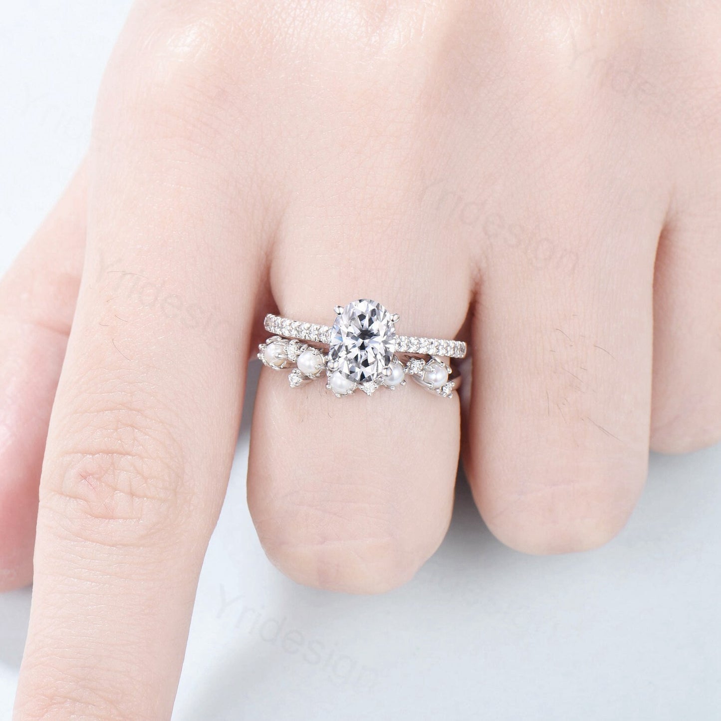 Unique Oval Moissanite Engagement Ring Set 14K White Gold Pave Eternity Diamond Wedding Ring Set Vintage Unique Pearl Stacking Band for her - PENFINE