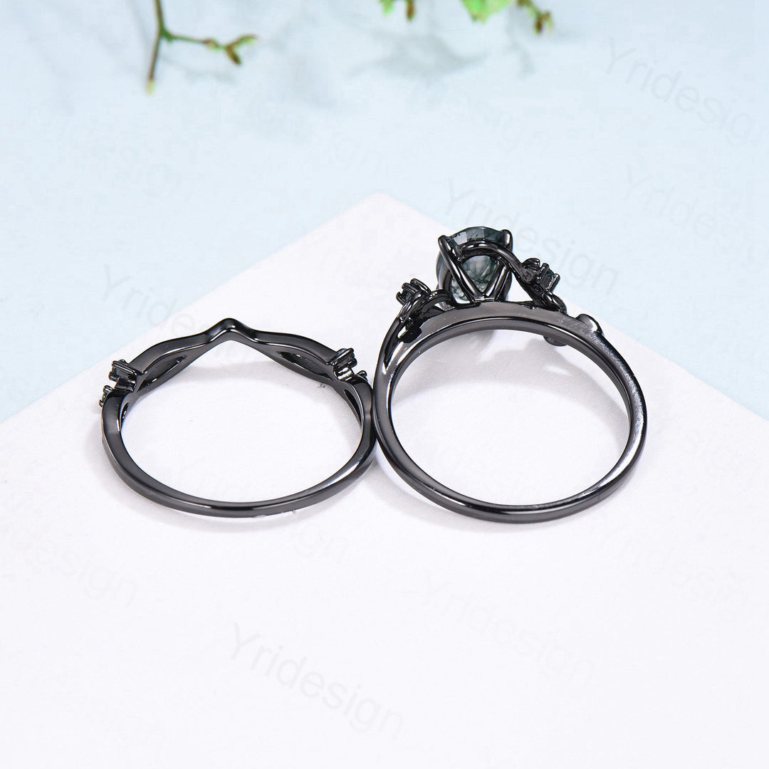 Unique black gold amethyst ring set Nature Inspired purple amethyst engagement ring vintage cluster emerald Leaf wedding ring set for women - PENFINE