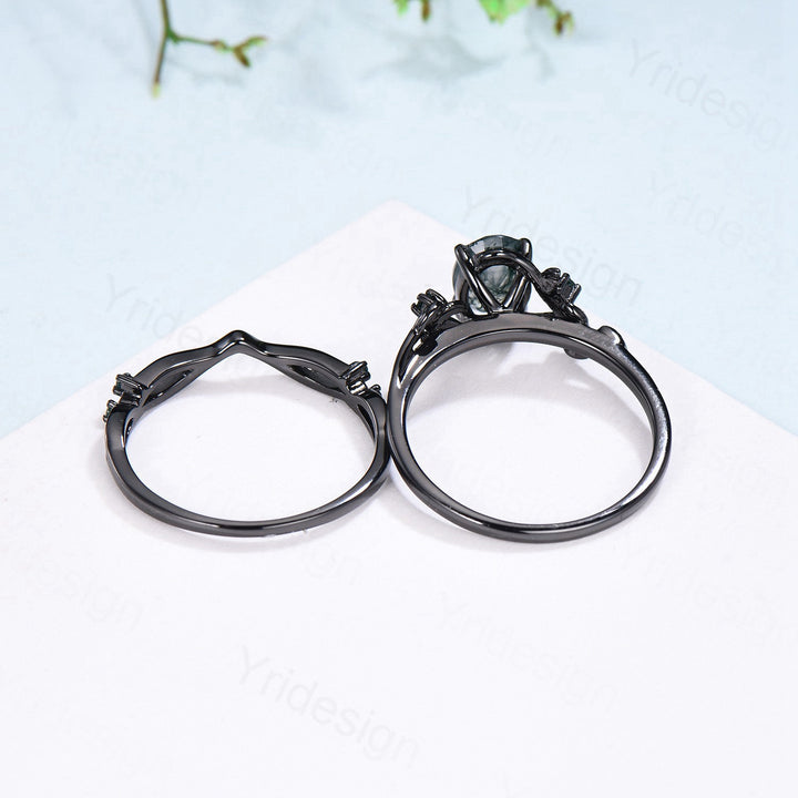 Unique black gold amethyst ring set Nature Inspired purple amethyst engagement ring vintage cluster emerald Leaf wedding ring set for women - PENFINE