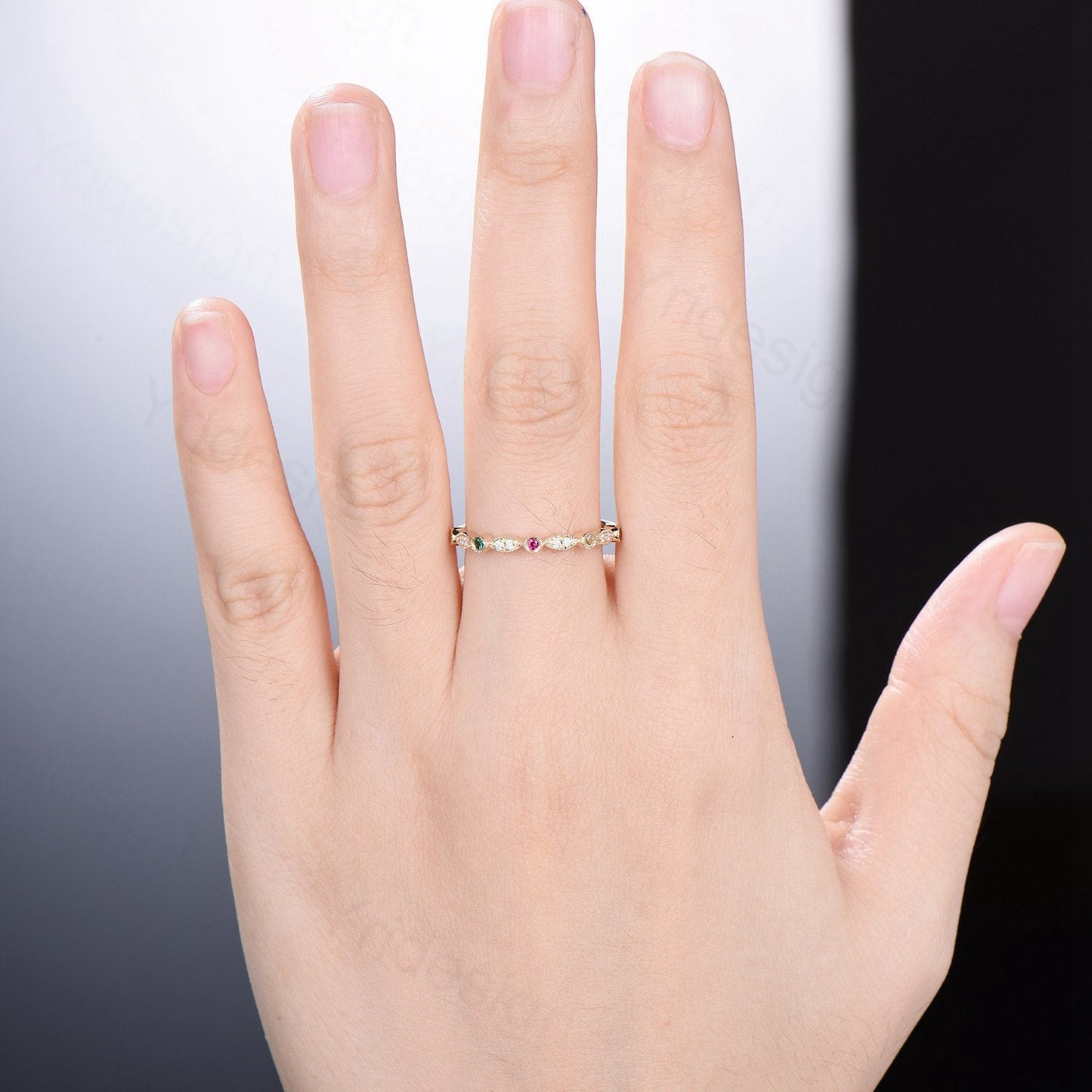 Vintage Half Eternity Diamond Wedding Band Unique Peridot Ruby Emerald Citrine Pink tourmaline Stackable Matching Ring Anniversary Gift - PENFINE