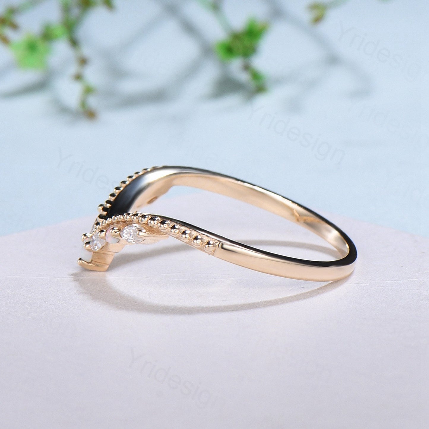 Vintage Opal Wedding Band Marquise cut moissanite diamond yellow gold fire opal wedding ring Unique Stacking ring matching band for women - PENFINE