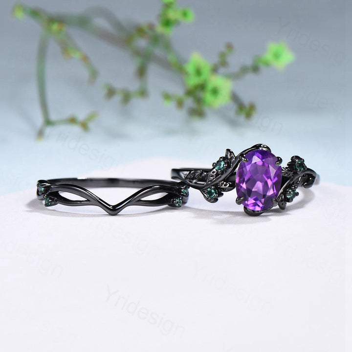 Unique black gold amethyst ring set Nature Inspired purple amethyst engagement ring vintage cluster emerald Leaf wedding ring set for women - PENFINE