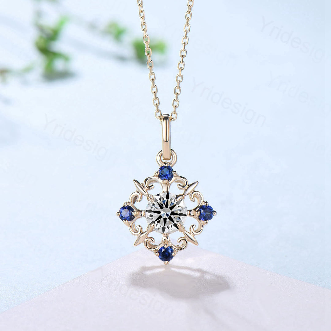 Vintage Sapphire Diamond Pendant Necklace Unique Nature Inspired IGI Certificate Lab Grown Diamond Pendant Moissanite Necklace Birthday Gift - PENFINE