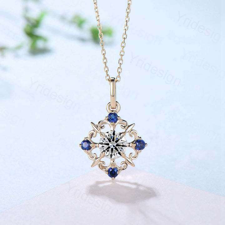 Vintage Sapphire Diamond Pendant Necklace Unique Nature Inspired IGI Certificate Lab Grown Diamond Pendant Moissanite Necklace Birthday Gift - PENFINE