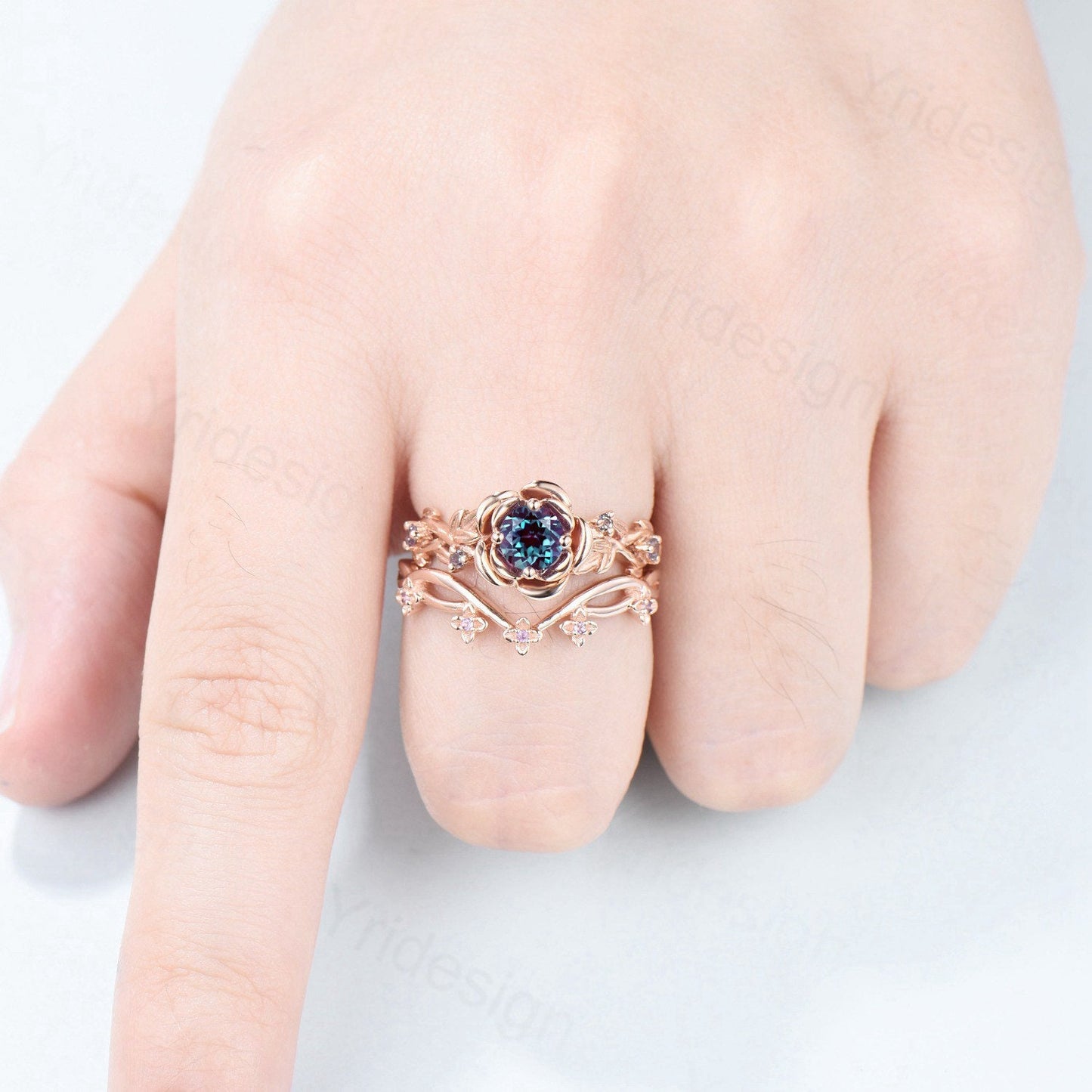 Nature Inspired flower alexandrite engagement ring set twig leaves amethyst wedding ring set Vintage floral amethsytl stacking bridal set - PENFINE
