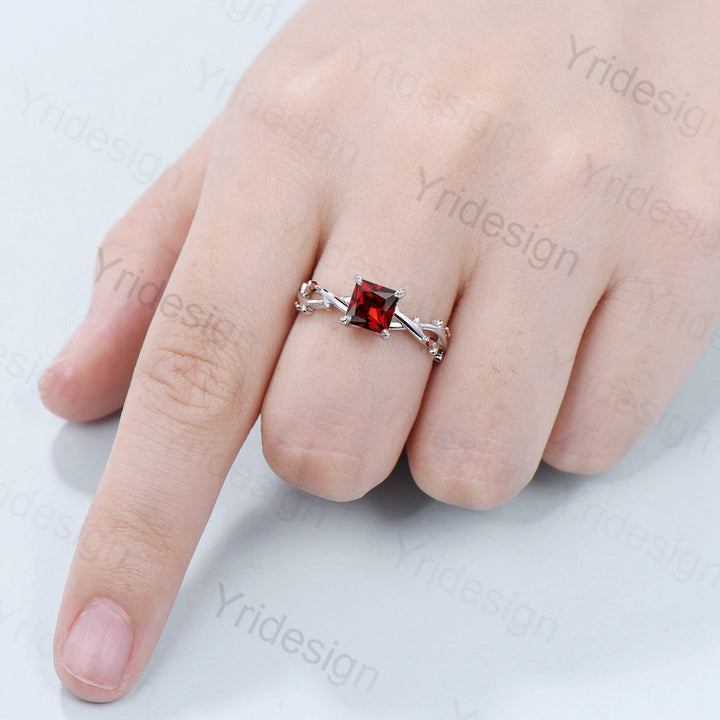 2CT Princess cut garnet engagement ring Leaf Branch January Birthstone Engagement Ring Nature Inspired Wedding Ring Unique Twig Promise Gift - PENFINE