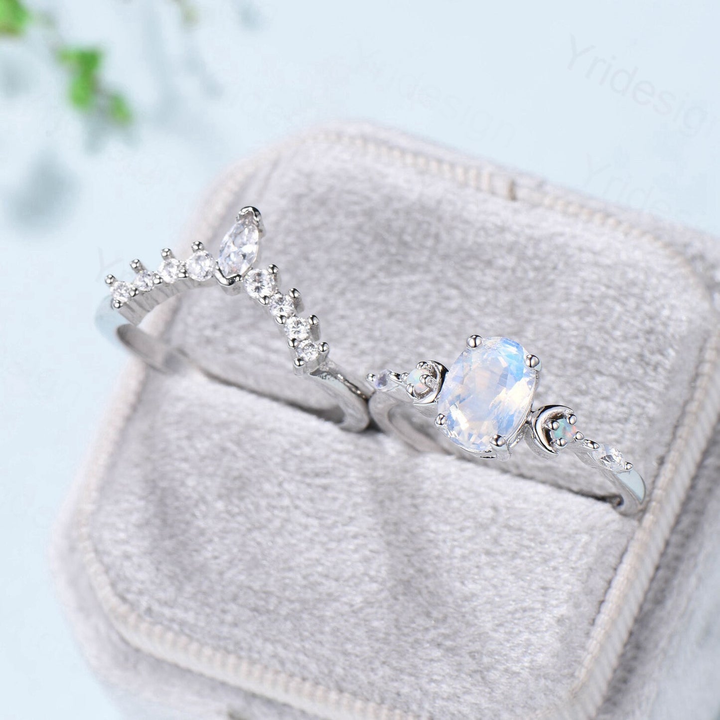 Vintage 1.5CT Oval Moonstone Engagement Ring Set Marquise Moonstone Opal Moon Wedding Ring Set Art Deco Stacking Anniversary Ring For Women - PENFINE