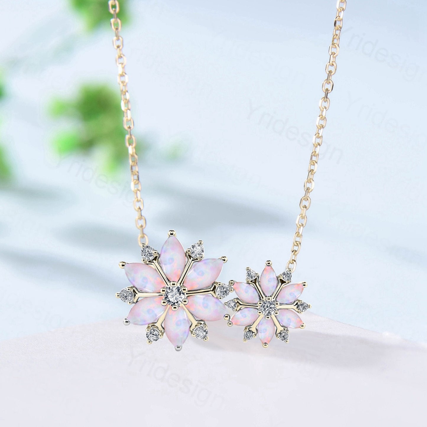 Vintage Snowflake Fire Opal Pendant Necklace Unique Retro Marquise White Opal Necklace Floral Pendant October Birthstone Christmas gift - PENFINE