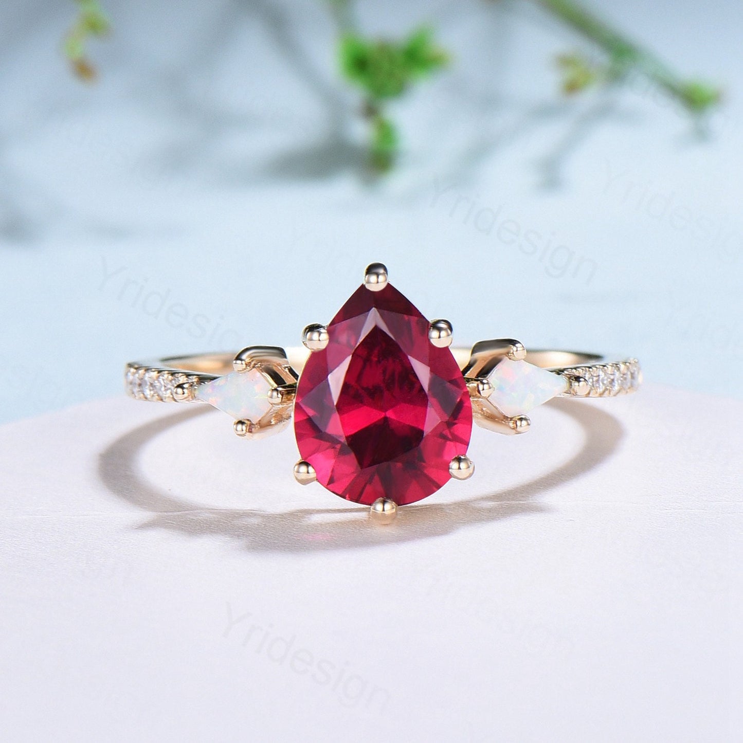 Vintage Pear Shaped Ruby Engagement Ring Set Three Stone Kite Ruby Opal Wedding ring Set Cute Opal Stacking Band Unique Bridal Set For Women - PENFINE