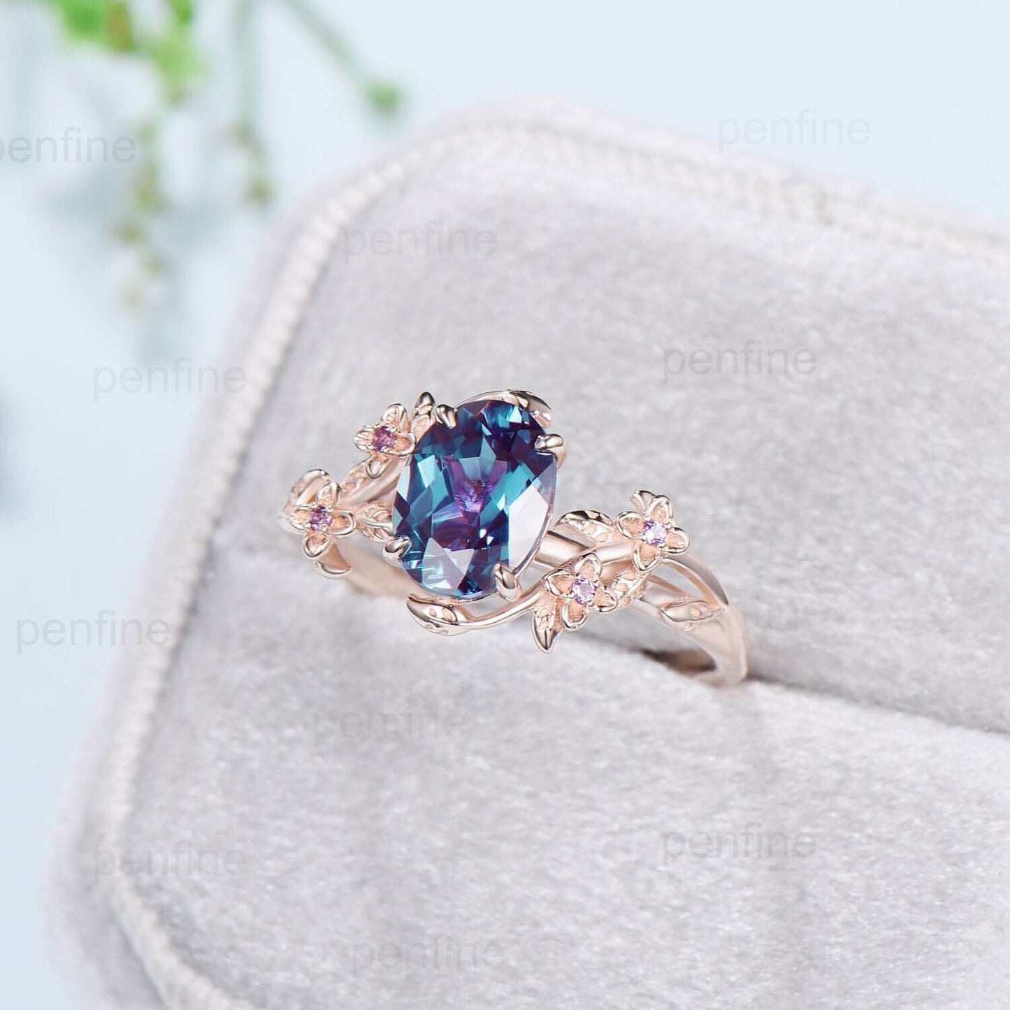 Unique alexandrite ring vintage Oval floral engagement ring nature inspired leaf cluster amethyst flower June birthstone gift for women - PENFINE