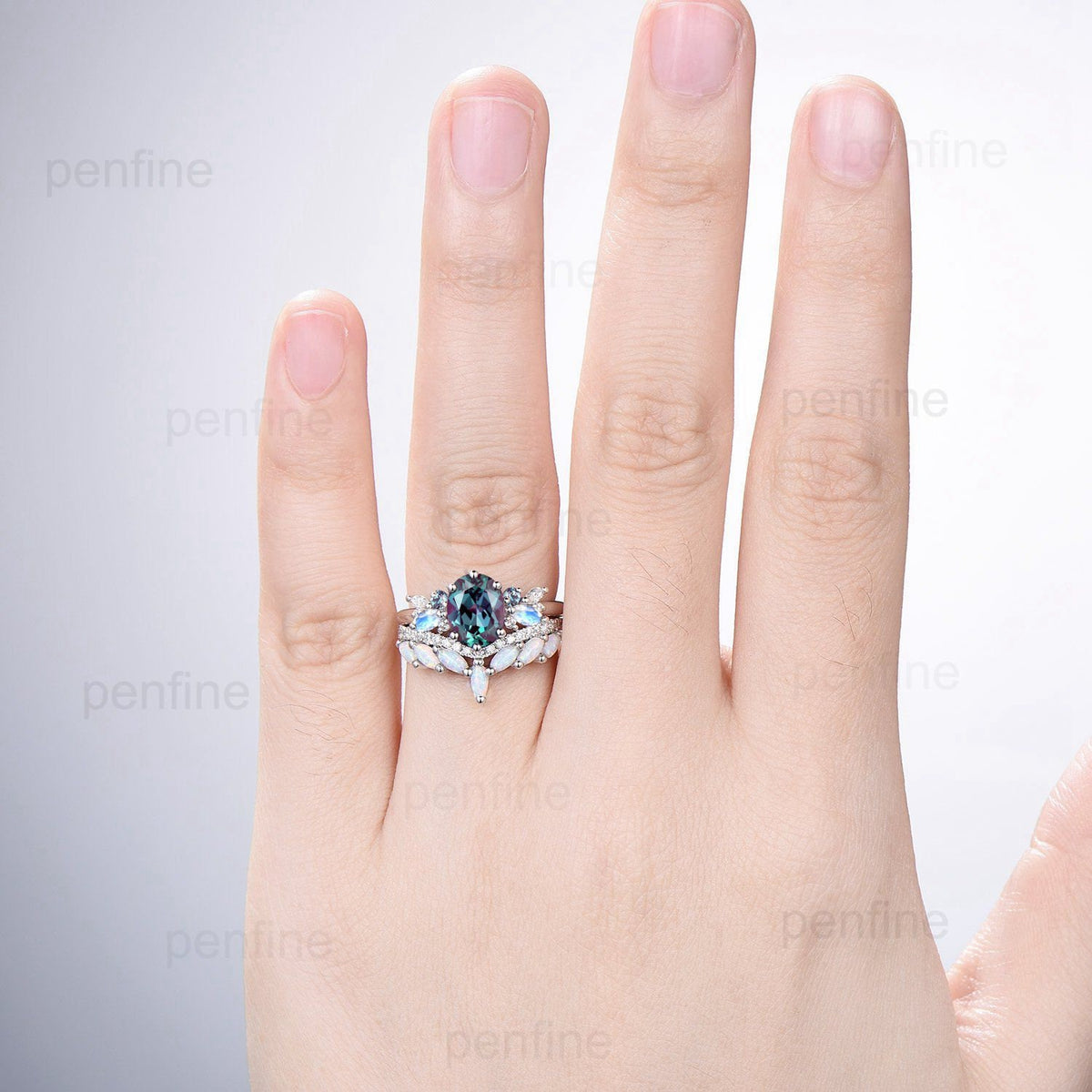 Unique Alexandrite Engagement Ring Set Cluster Marquise Moonstone Wedding Ring Vintage Curved Moissanite White Opal Bridal Ring Set For Her - PENFINE