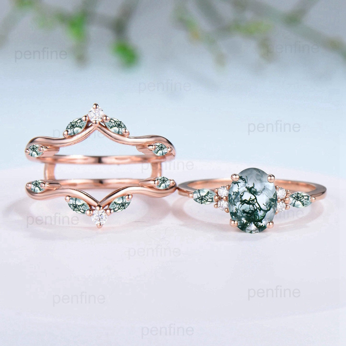 1.5Ct Natural Oval Moss Agate Engagement Ring Set Vintage Marquise Agate Wedding Ring Double Curved Moissanite Stacking Bridal Set for Women - PENFINE